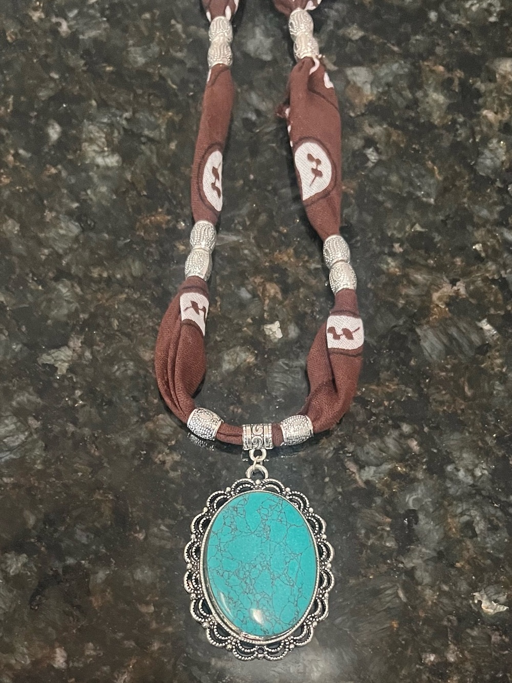 Turquoise Pendant, 2.5” Necklace with Premium Brown Bandana